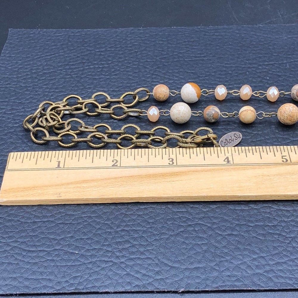 Carol Su 32" Lariat Necklace Jasper Stone Beads Earth Tone Faux Suede 7" Tassel - Picture 12 of 15